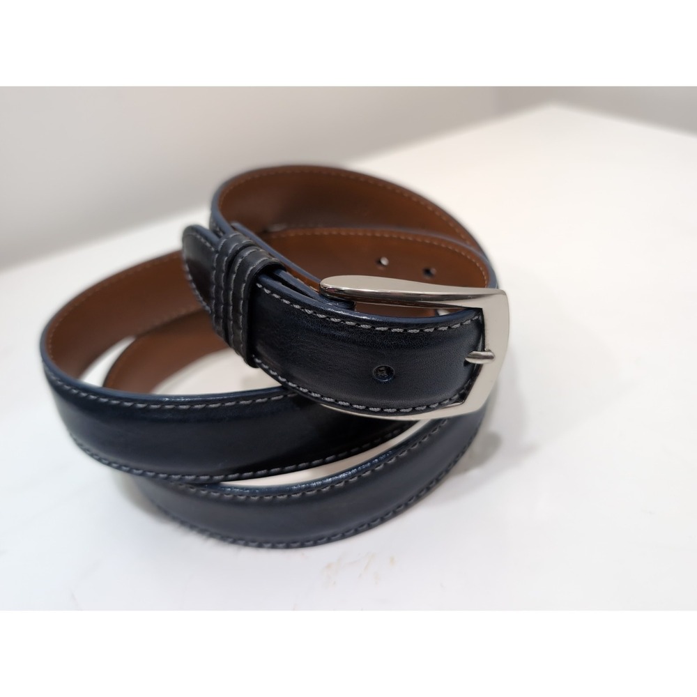 J. Hilburn Italian Calfskin Leather Belt – Size 44 Navy Blue Silver Buckle